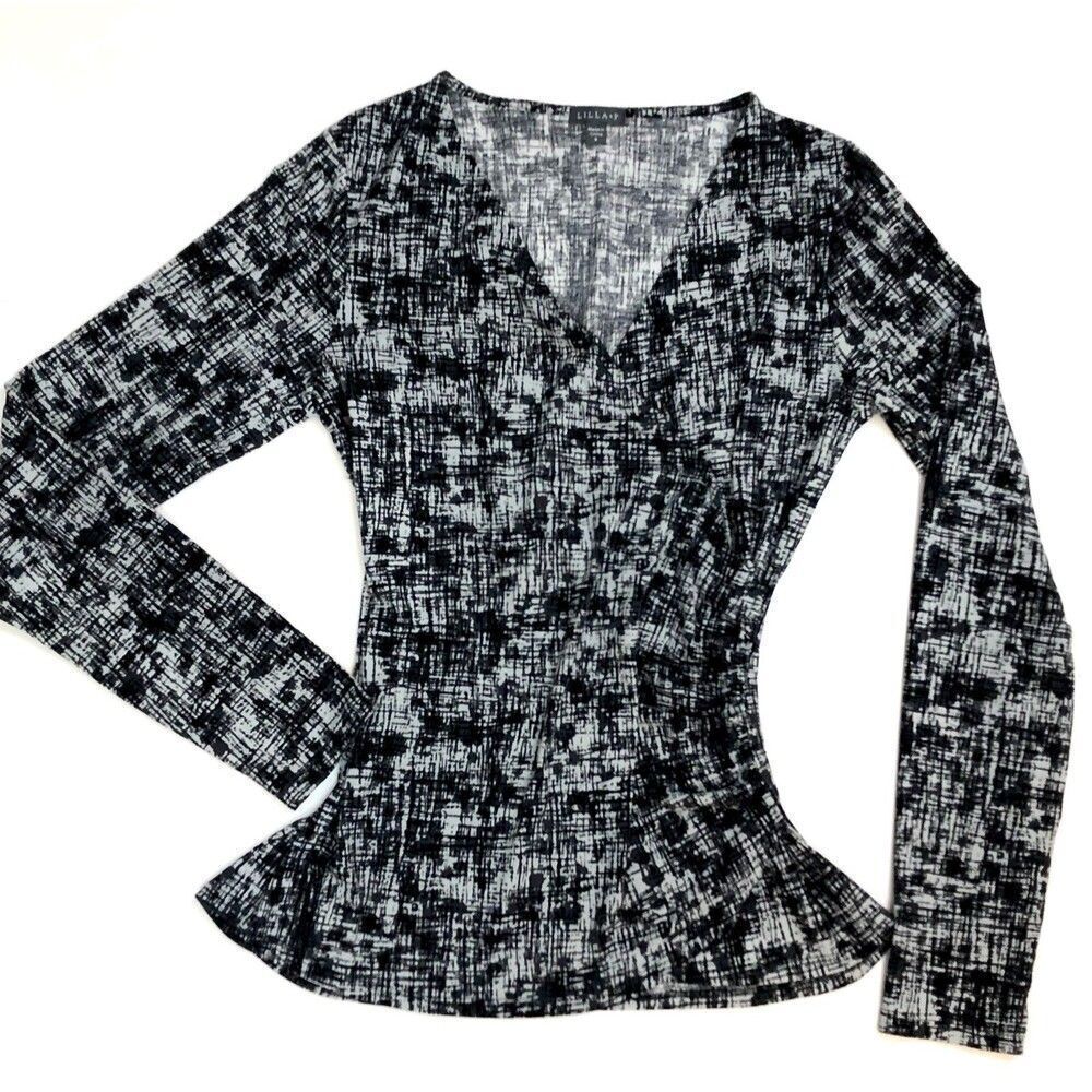 LILLA P Top S Black & White Fit & Flare Wrap Elastic Ruched Waist